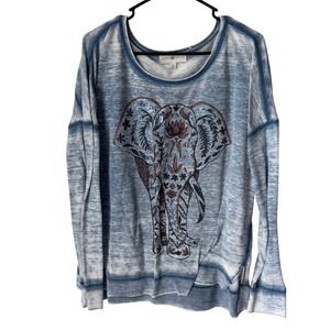 Lucky Lotus Blue Elephant Graphic Sweatshirt XL Boho Metallic Foil Pullover